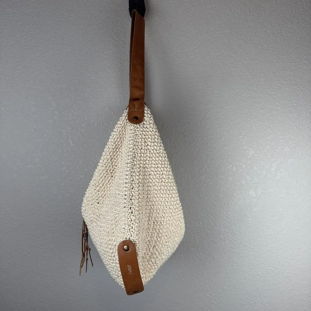 Lucky Brand Ivory Cotton Crochet Leather Trim Boho Hobo Shoulder Bag Purse Tote